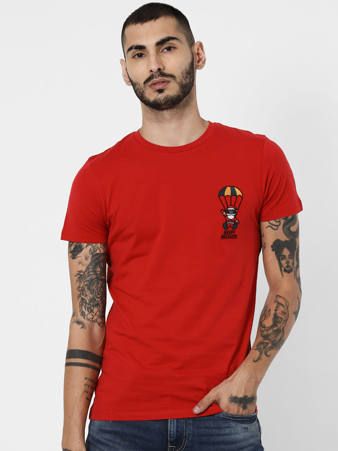 Red Happy Holidays Print Crew Neck T-Shirt