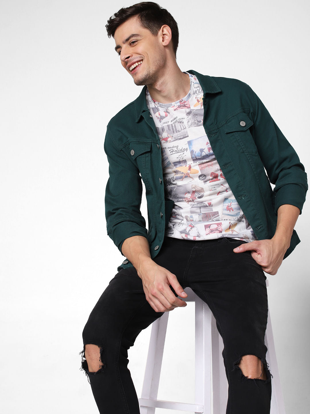 White All Over Print Crew Neck T-Shirt - S