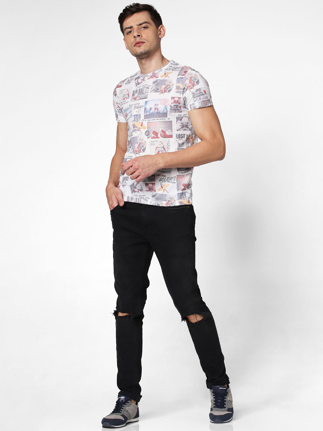 White All Over Print Crew Neck T-Shirt