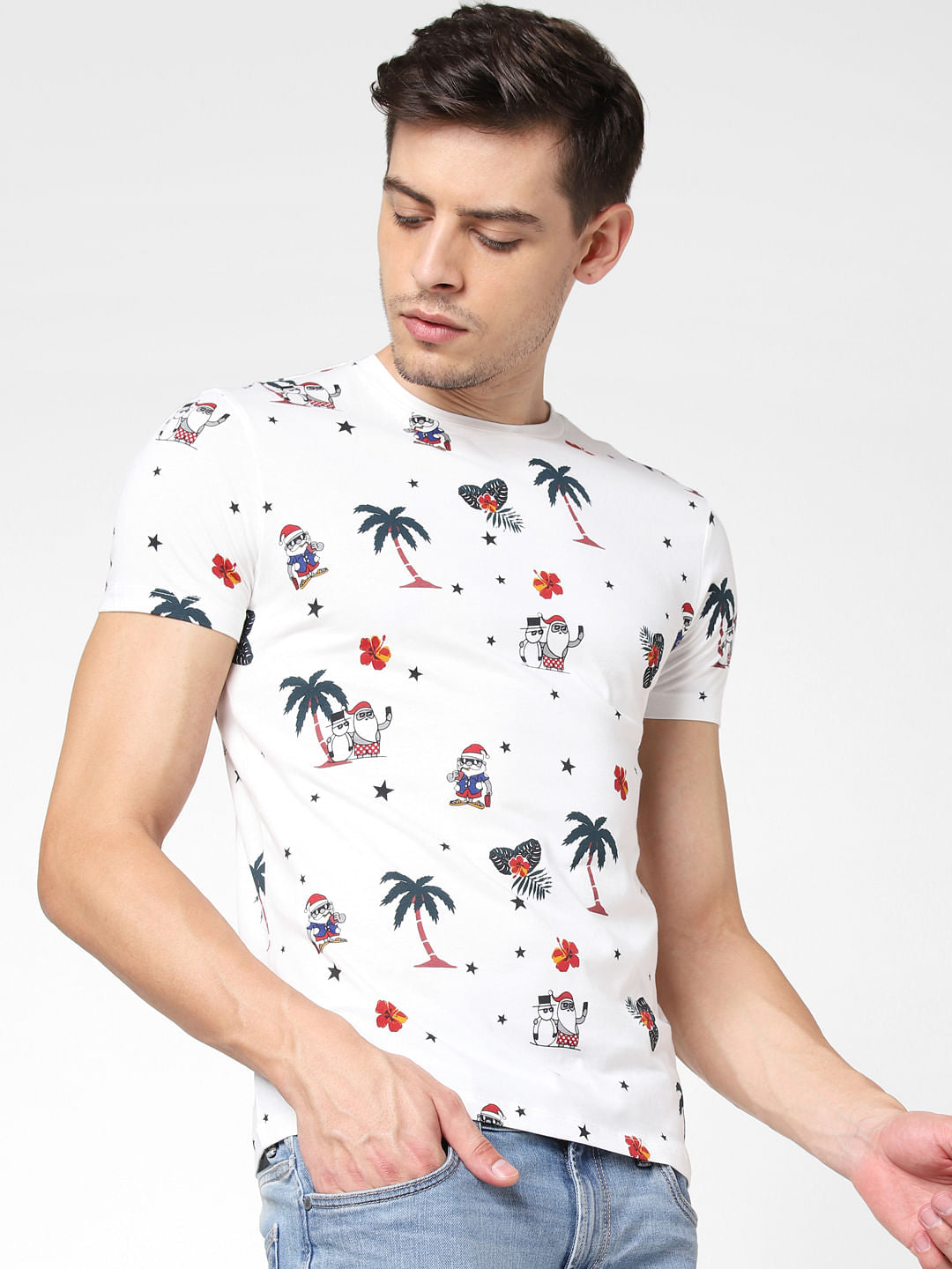 White Santa Print Crew Neck T-Shirt