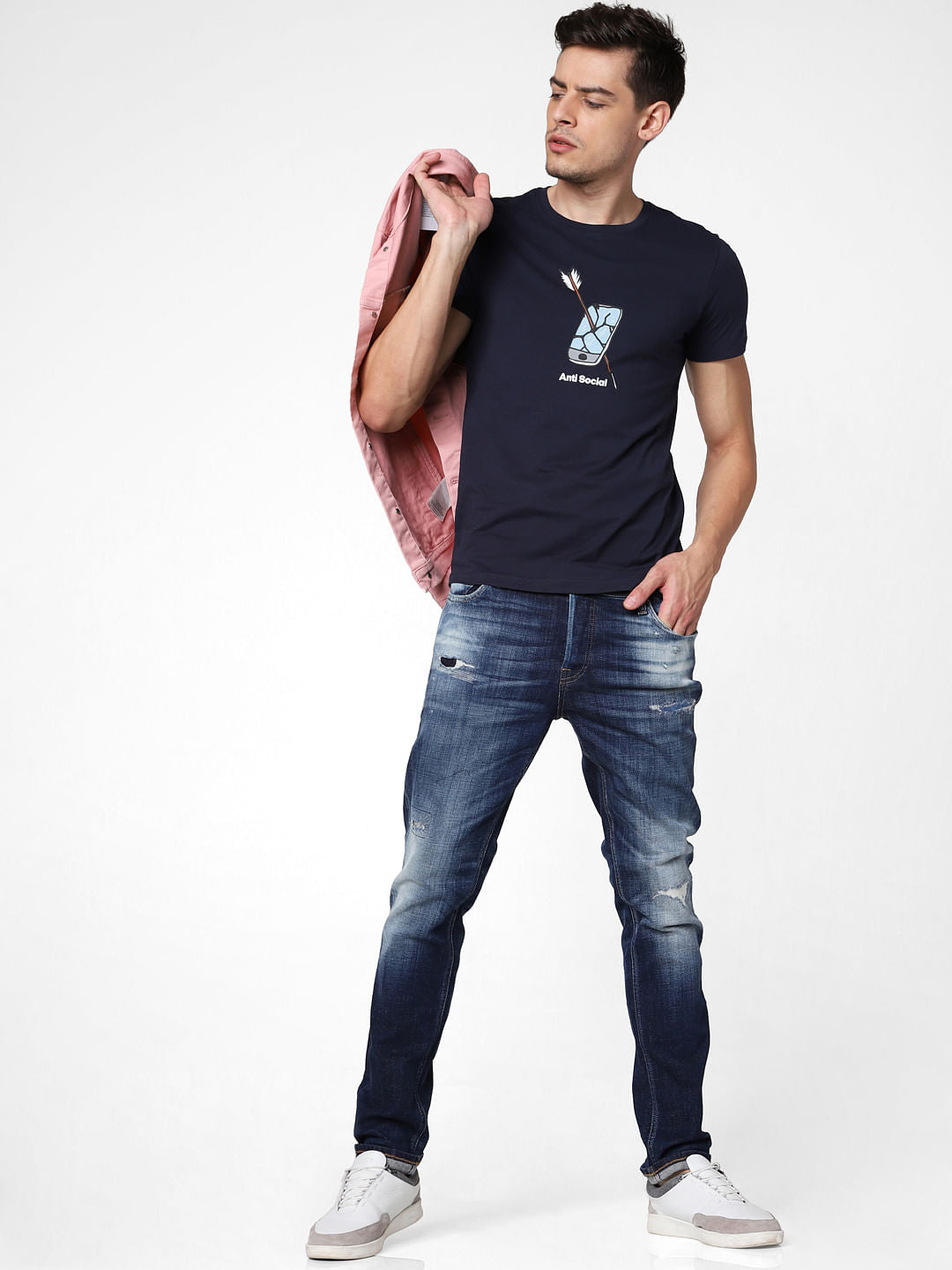 Navy Blue Anti-Social Crew Neck T-Shirt - S