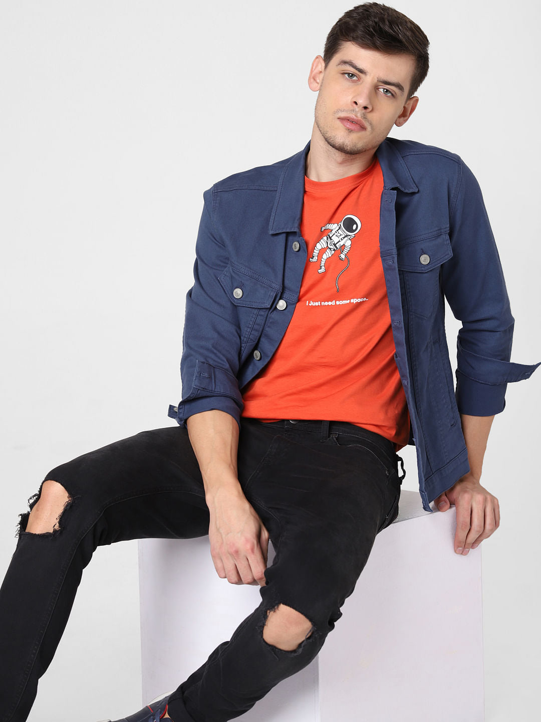 Orange Astronaut Print Crew Neck T-Shirt - S
