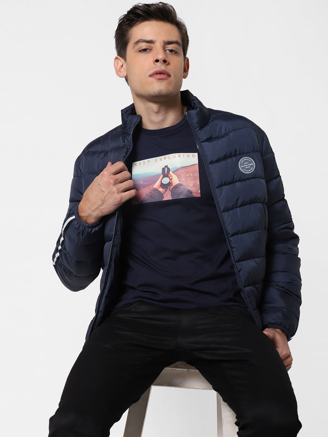 Navy Blue Graphic Print Crew Neck T-Shirt - S