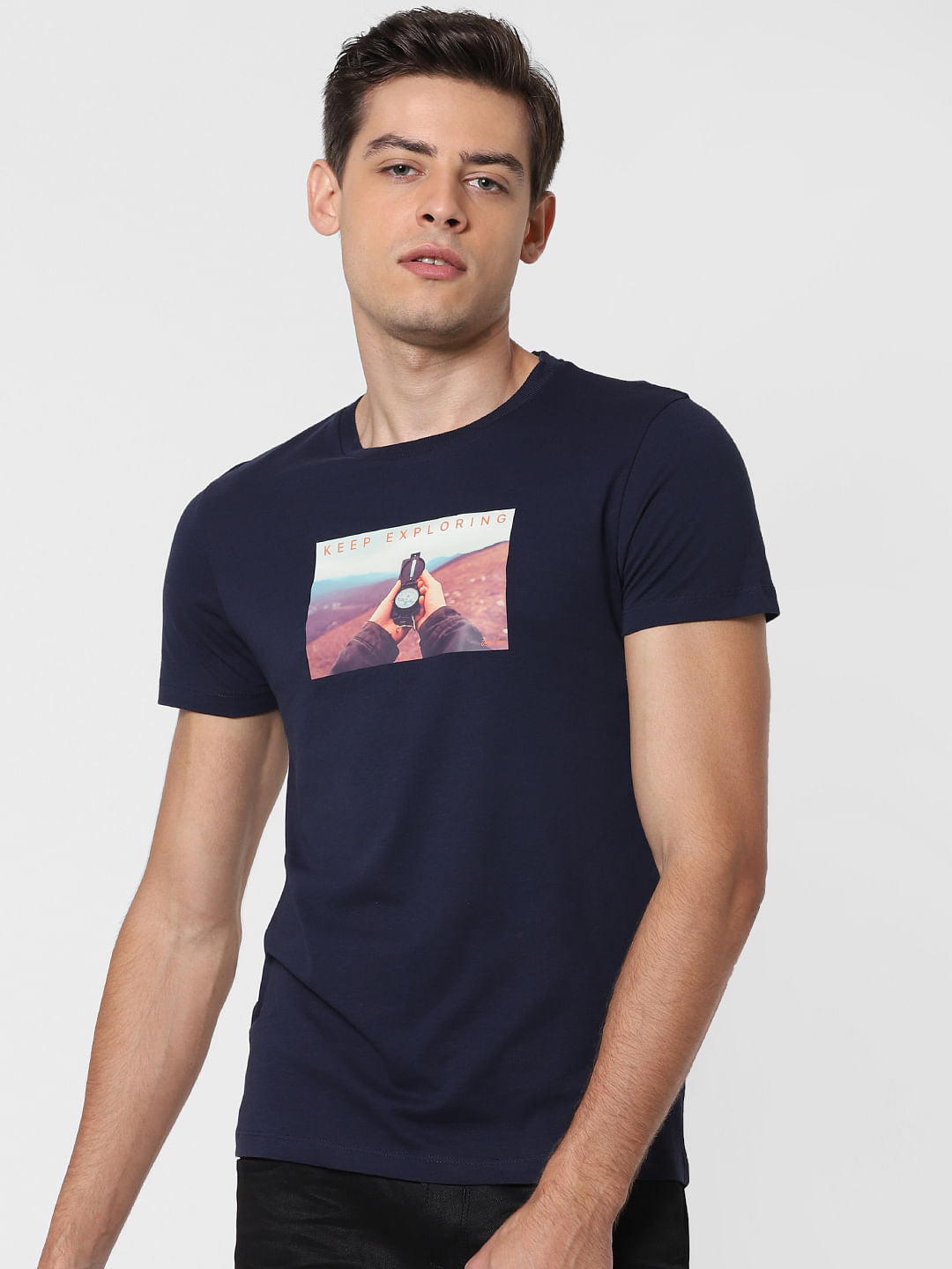 Navy Blue Graphic Print Crew Neck T-Shirt