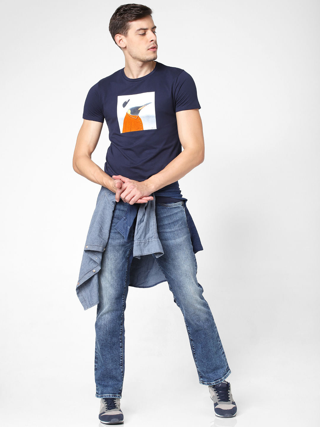 Navy Blue Penguin Print T-Shirt - S