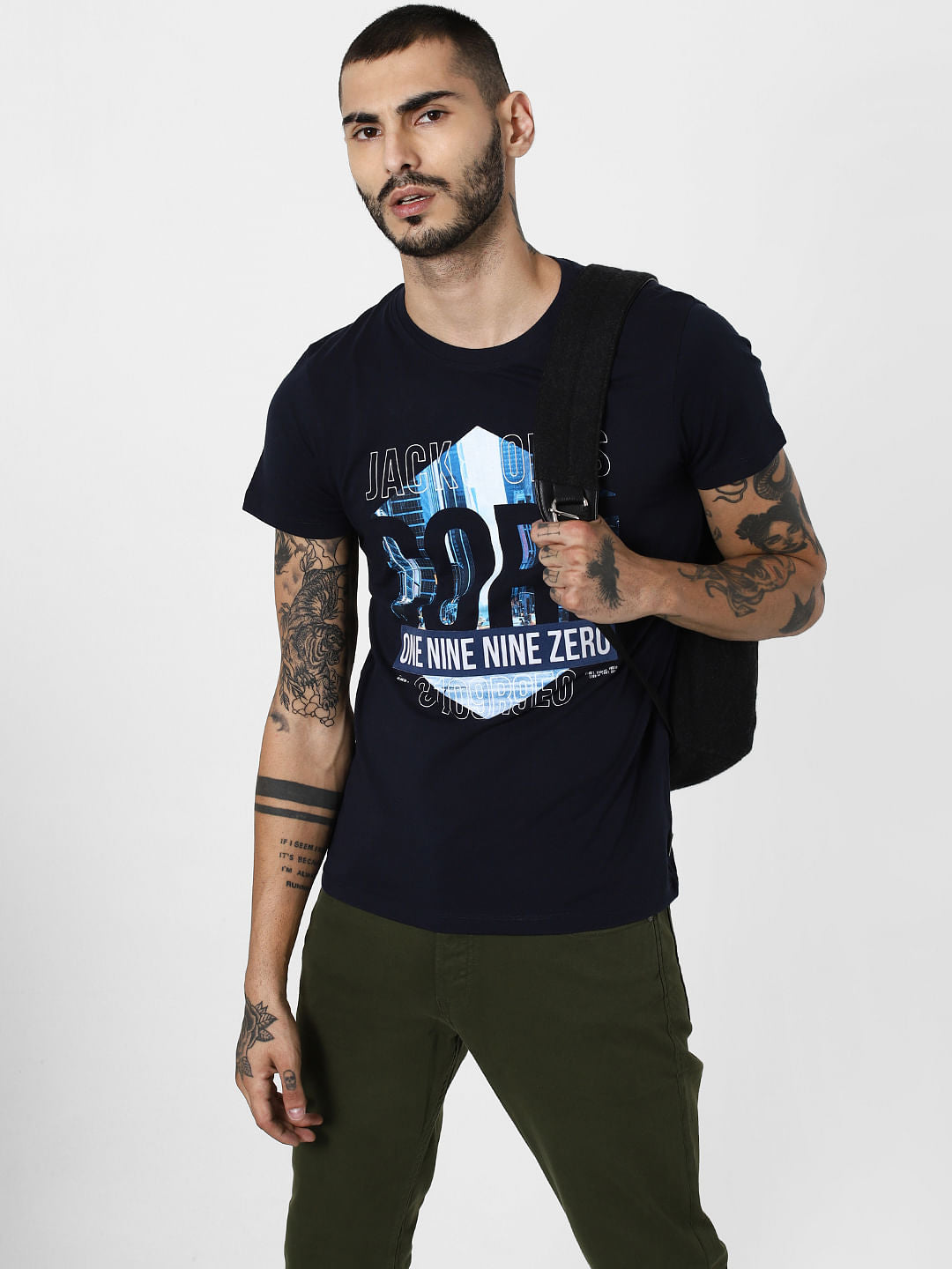 Navy Blue Logo Print Crew Neck T-Shirt - S