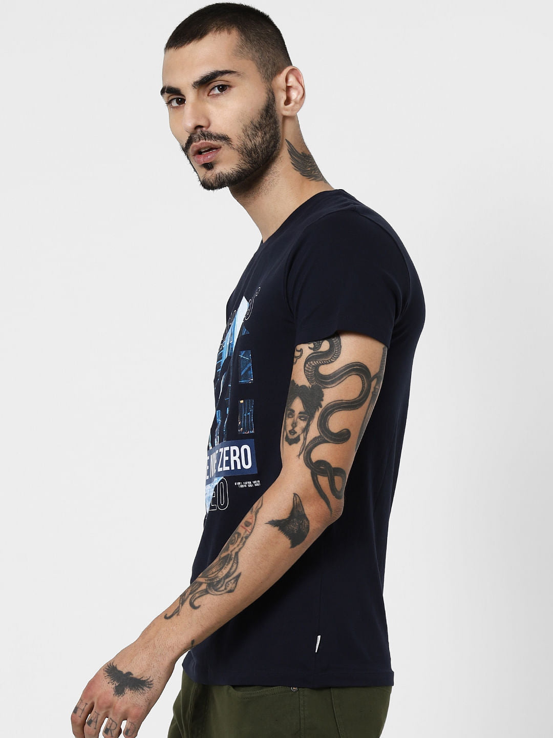 Navy Blue Logo Print Crew Neck T-Shirt