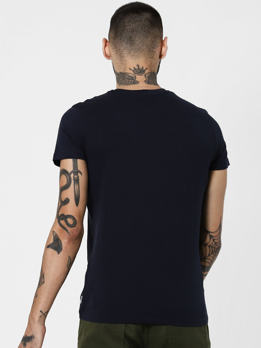 Navy Blue Logo Print Crew Neck T-Shirt