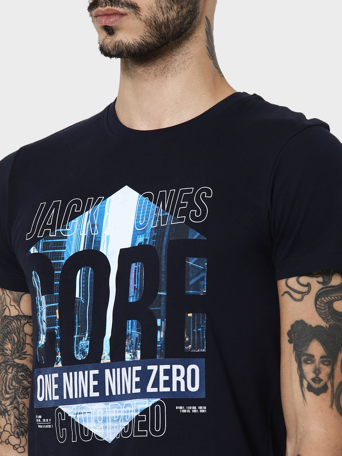 Navy Blue Logo Print Crew Neck T-Shirt