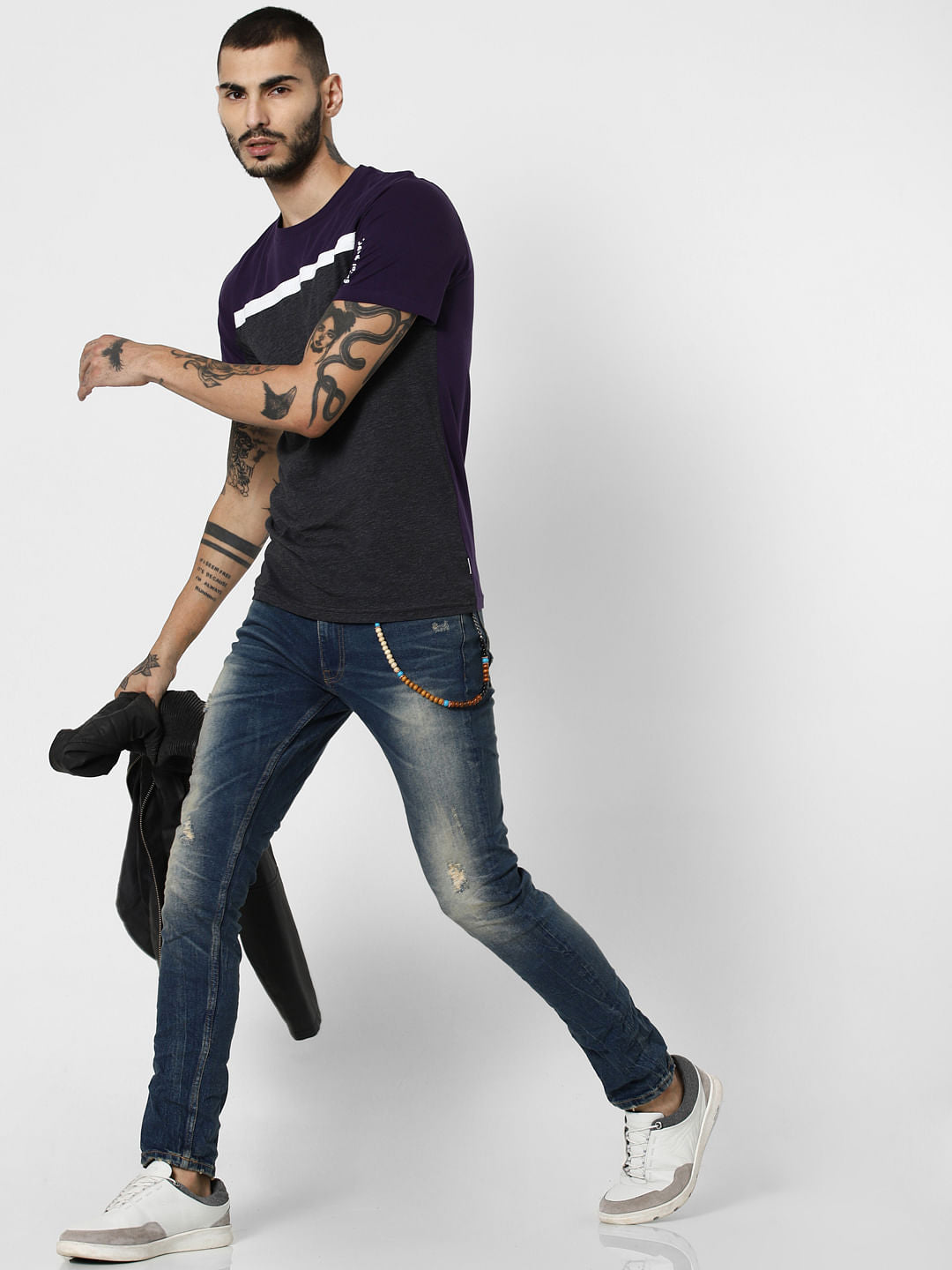 Purple Colourblocked Crew Neck T-Shirt - S