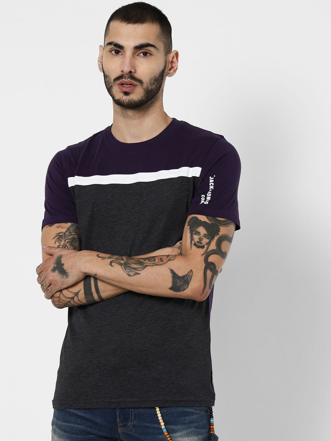 Purple Colourblocked Crew Neck T-Shirt