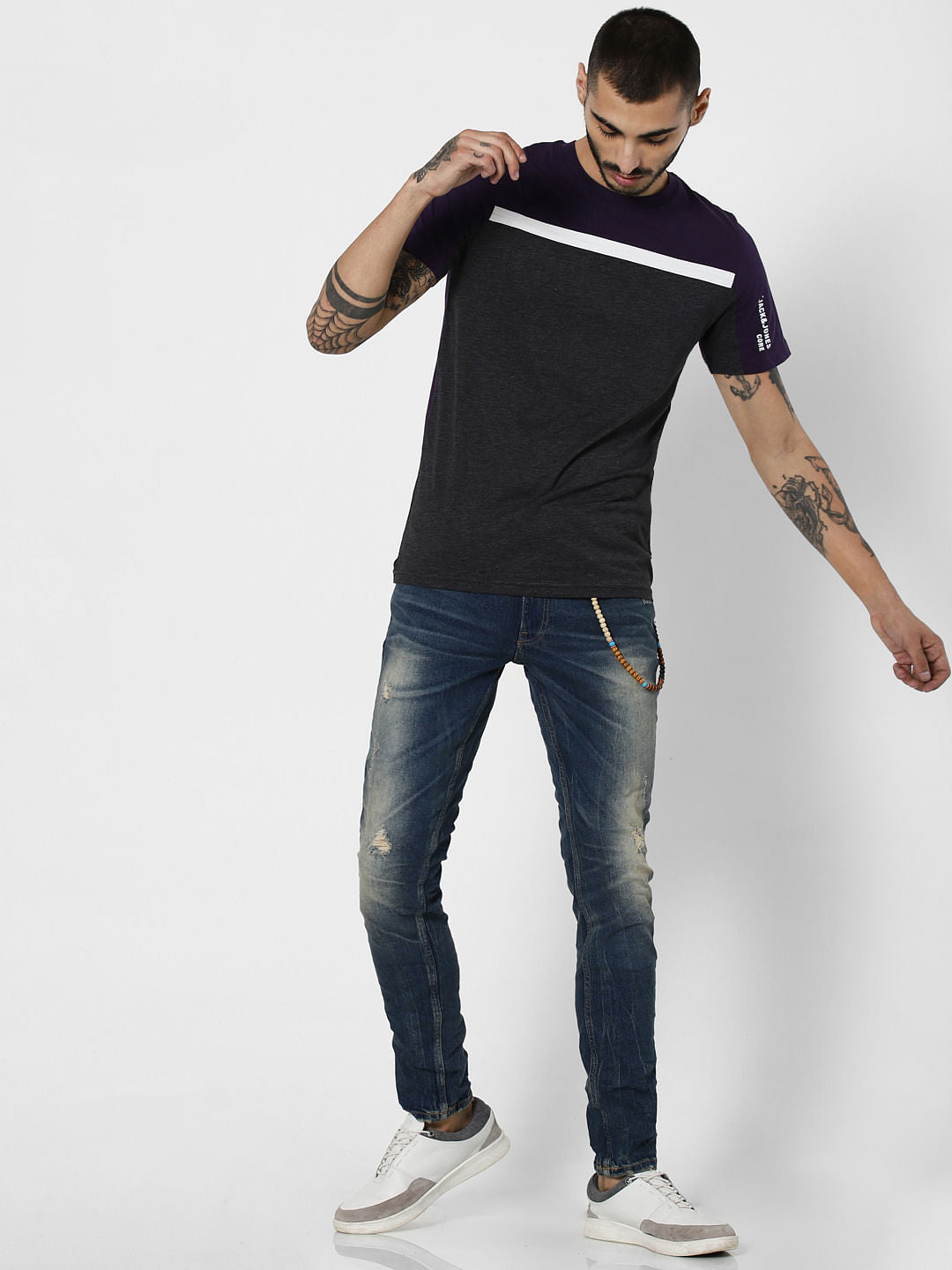Purple Colourblocked Crew Neck T-Shirt