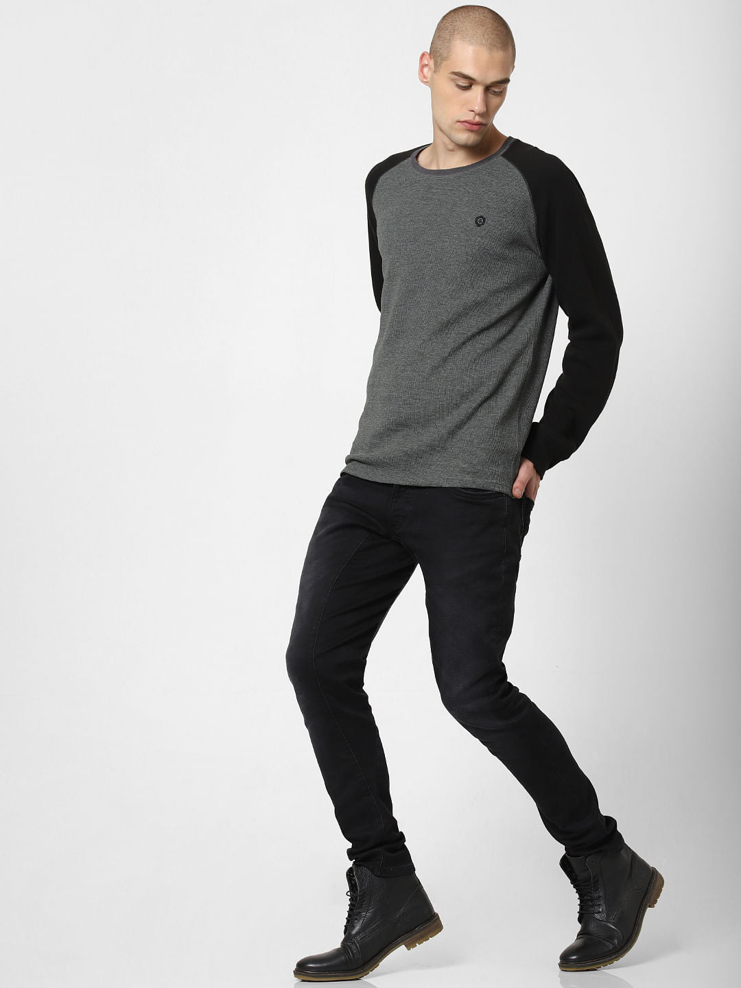 Grey Colourblocked Crew Neck T-Shirt