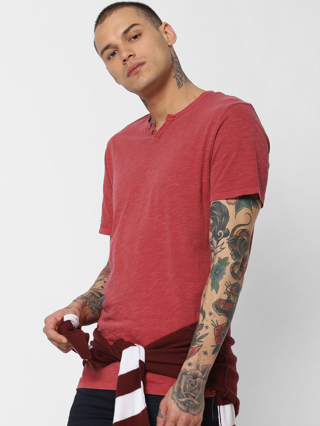 Red Washed Crew Neck T-Shirt - S