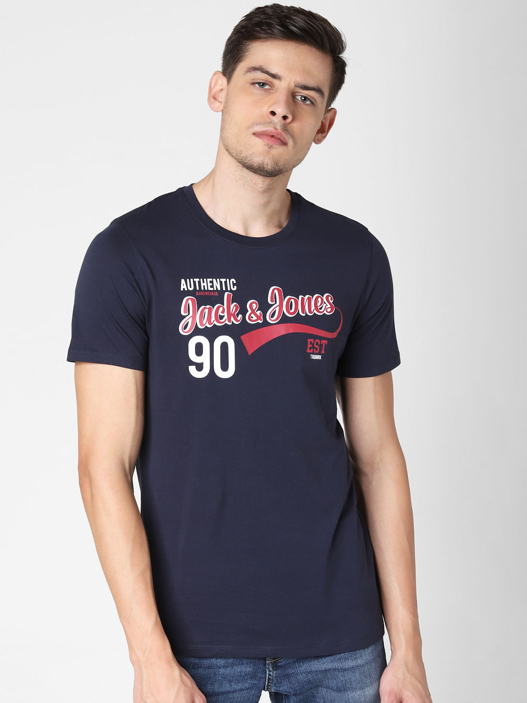 Navy Blue Logo Print Crew Neck T-Shirt