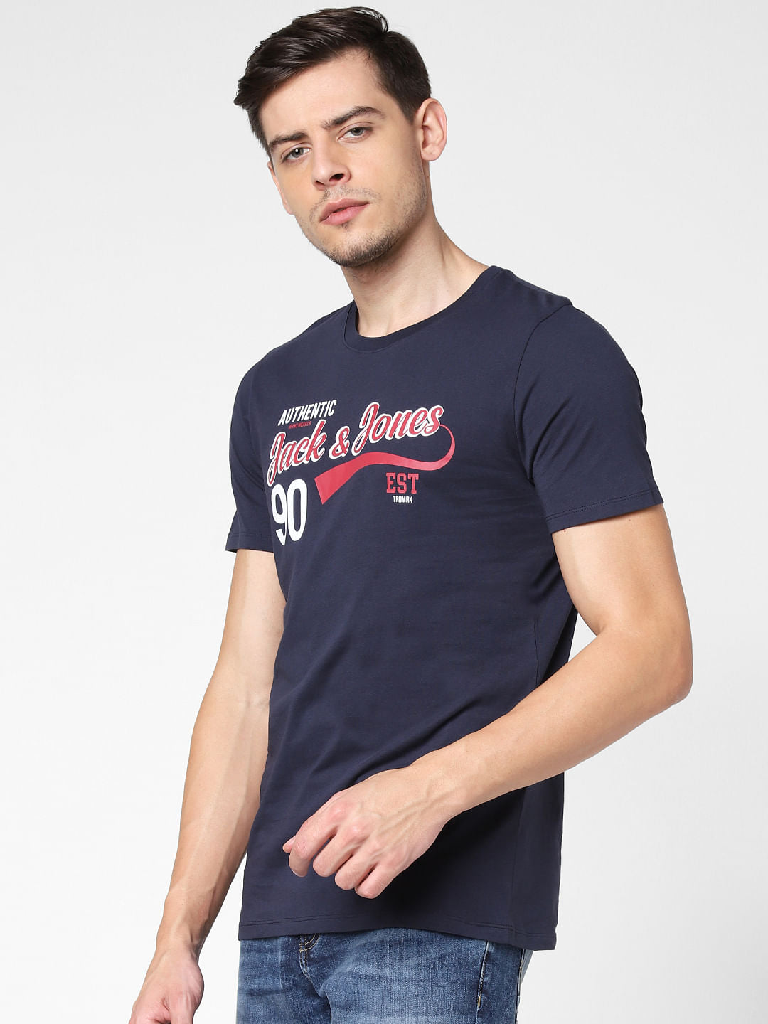 Navy Blue Logo Print Crew Neck T-Shirt