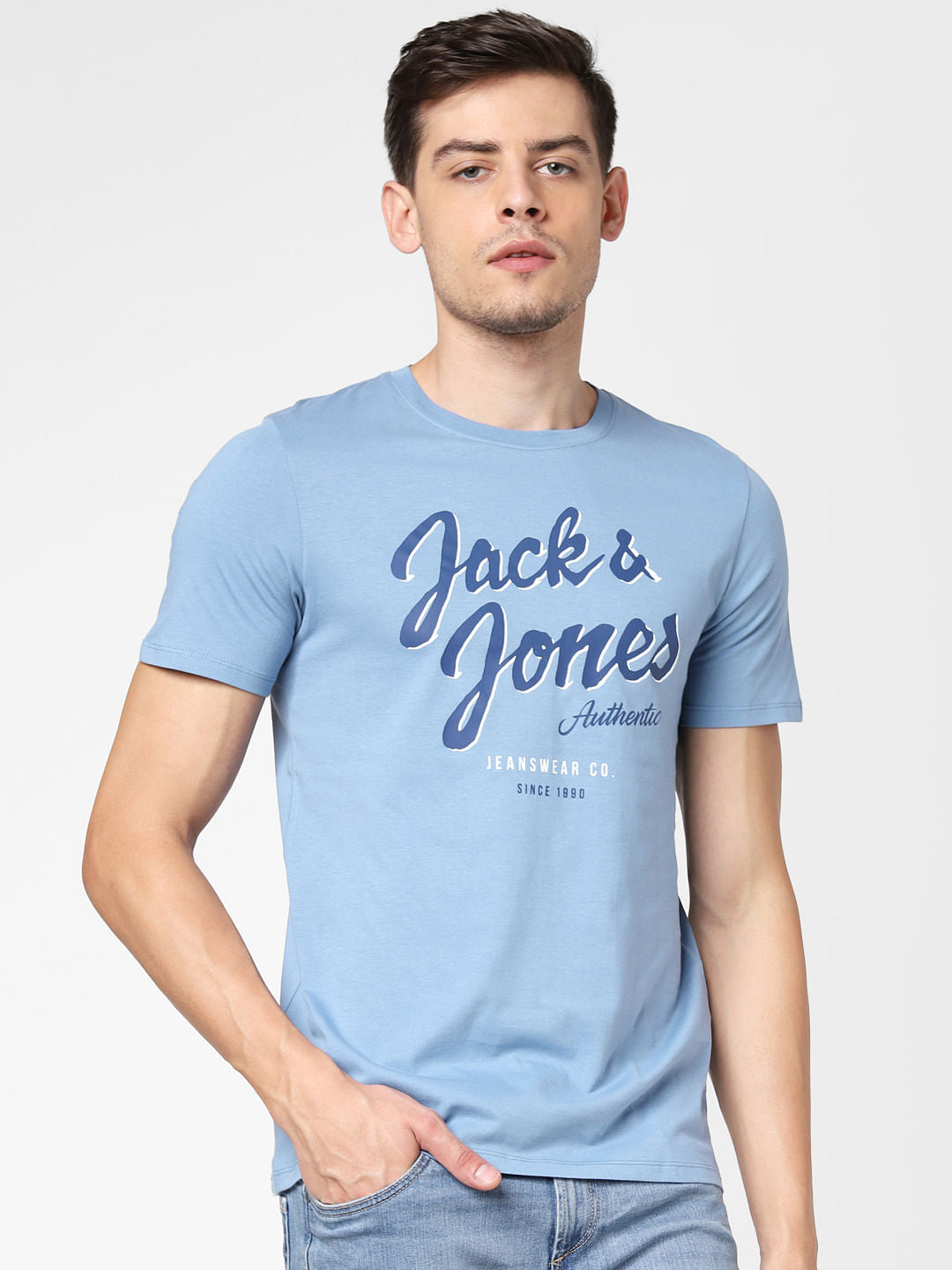 Light Blue Logo Print Crew Neck T-Shirt
