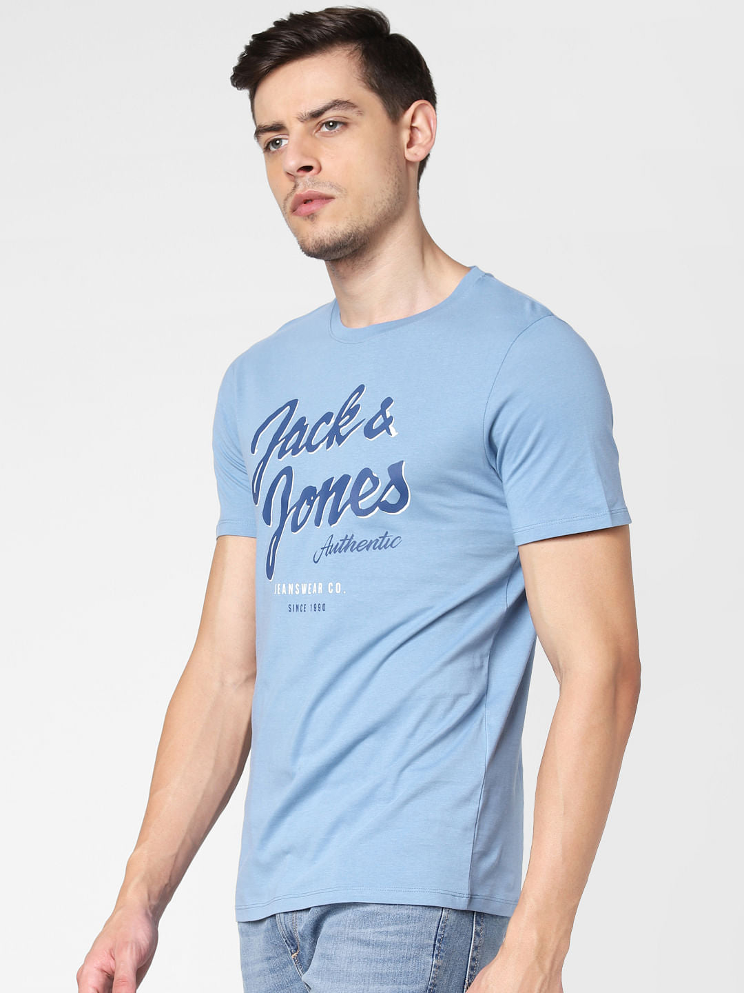Light Blue Logo Print Crew Neck T-Shirt