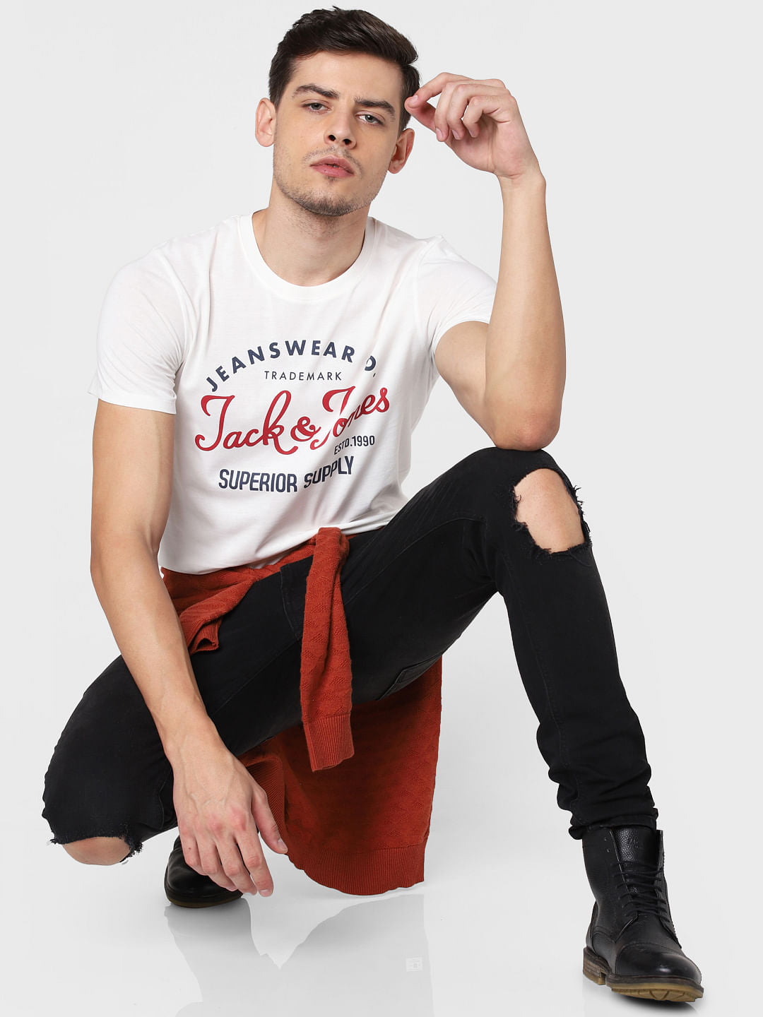 White Logo Print Crew Neck T-Shirt - S