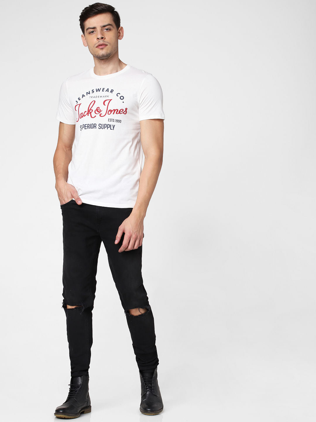 White Logo Print Crew Neck T-Shirt