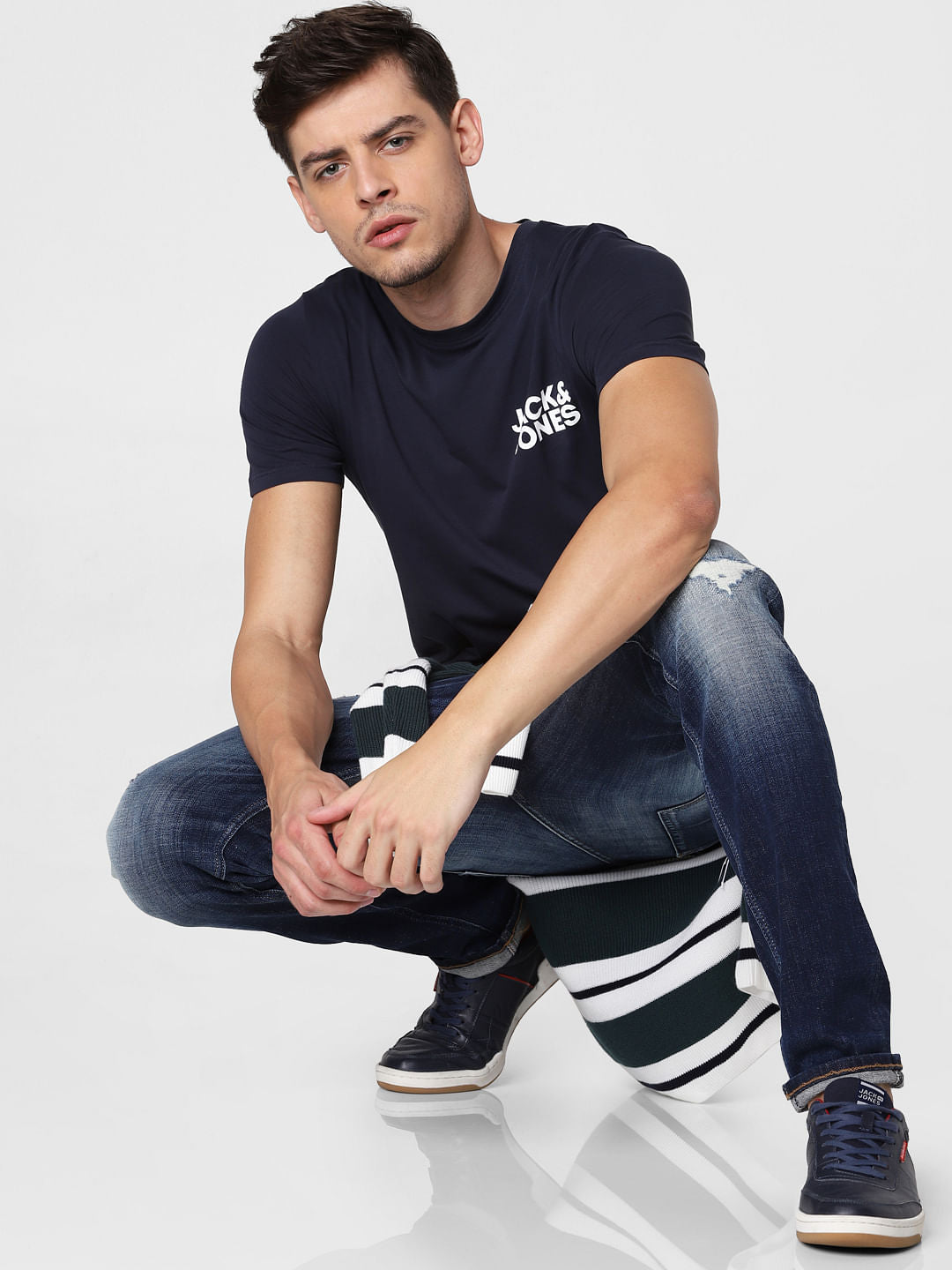 Navy Blue Logo Print Crew Neck T-Shirt - S