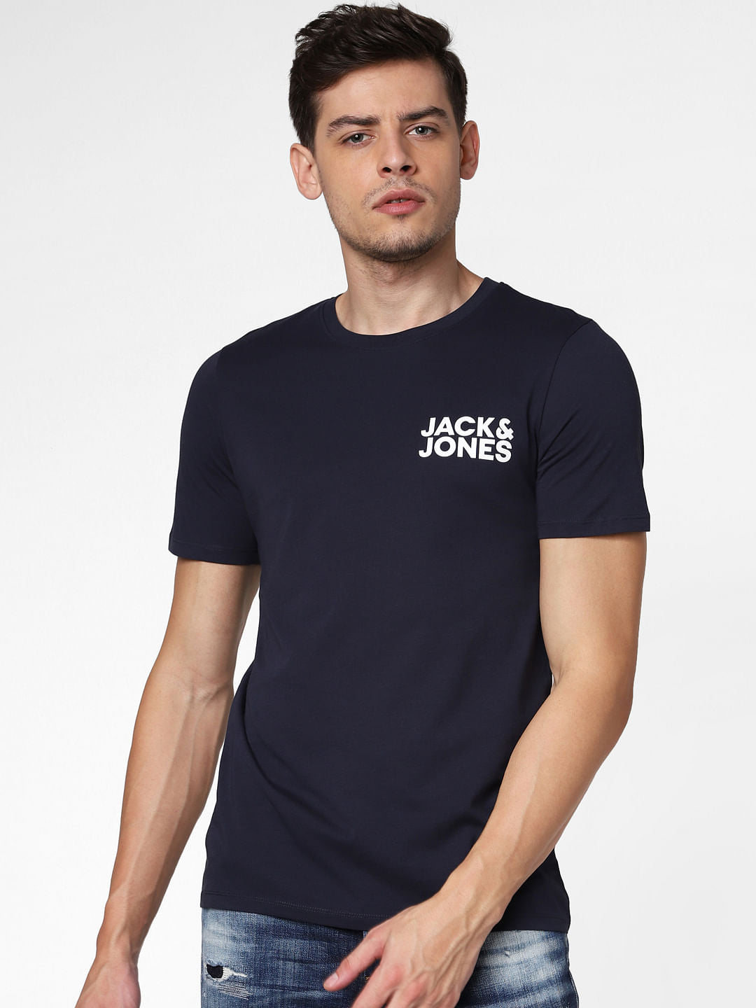 Navy Blue Logo Print Crew Neck T-Shirt