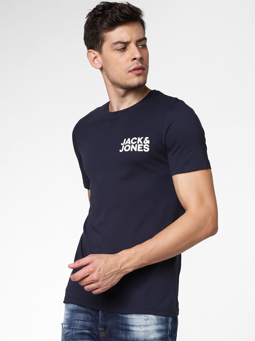 Navy Blue Logo Print Crew Neck T-Shirt