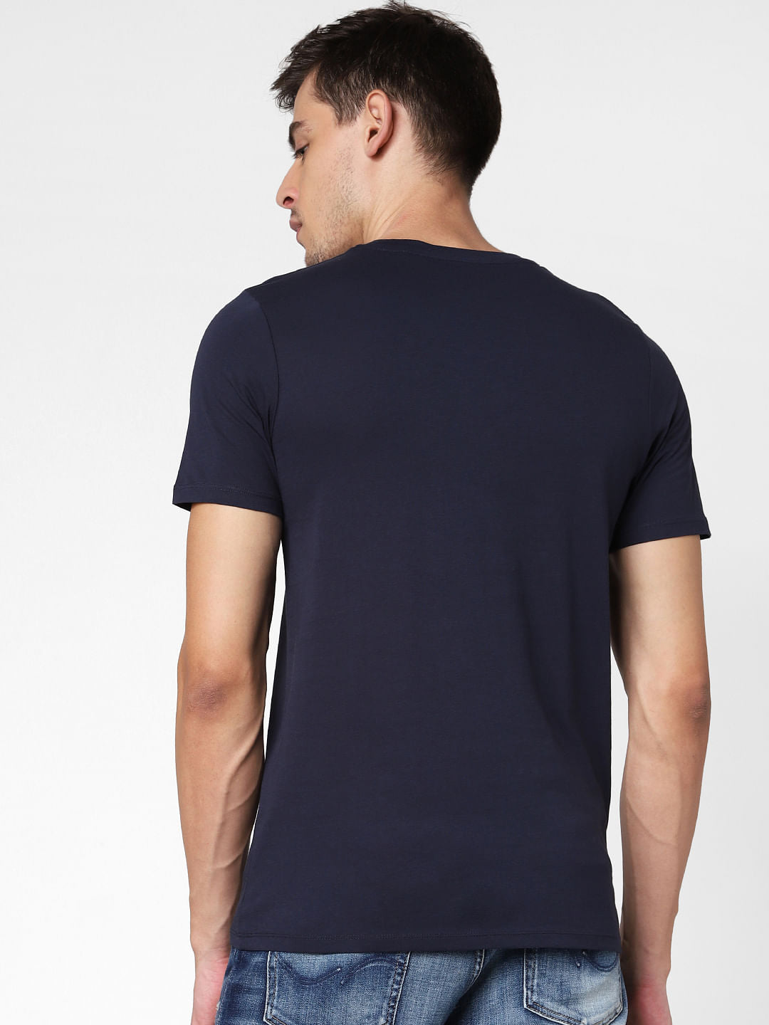 Navy Blue Logo Print Crew Neck T-Shirt