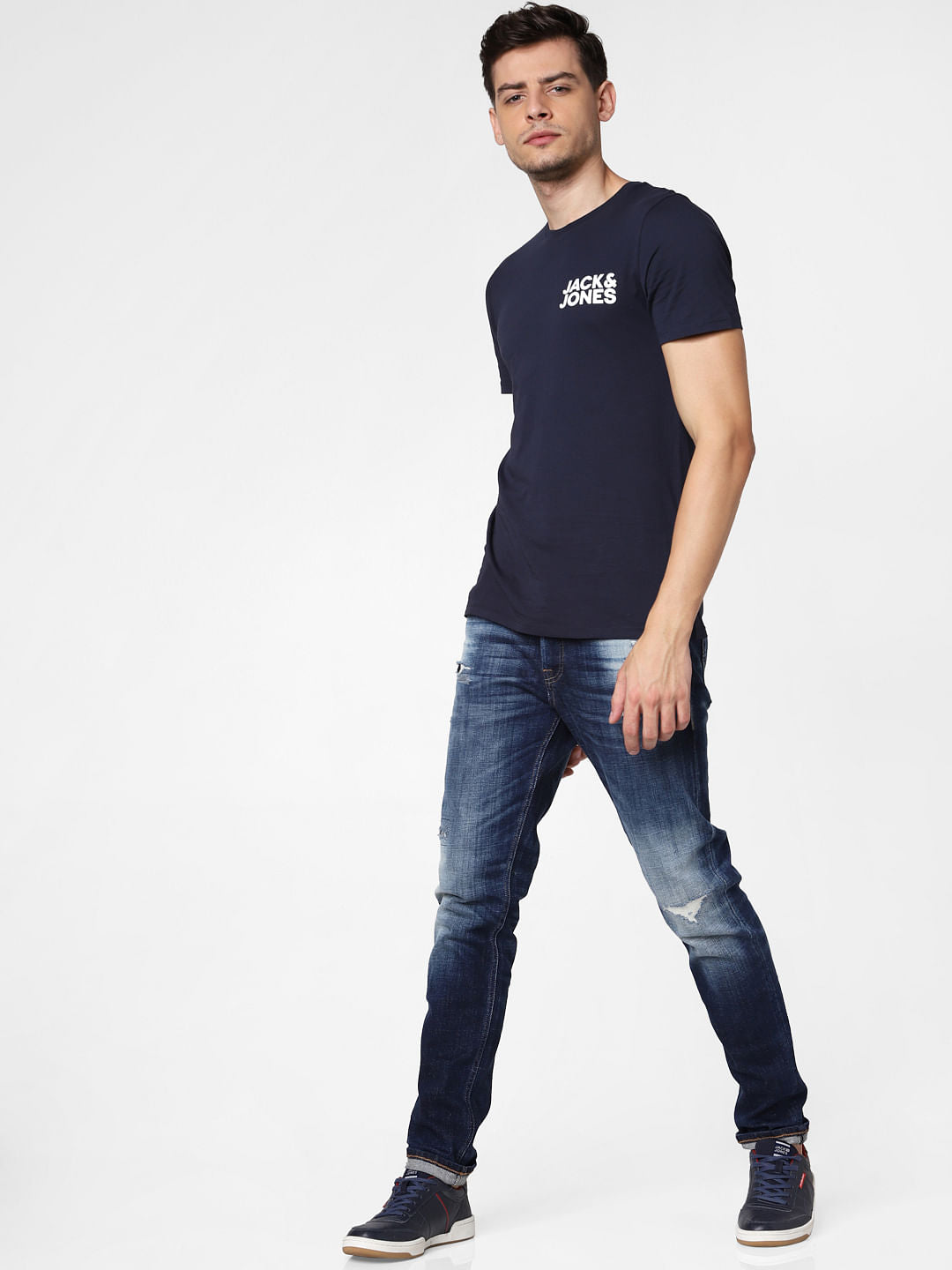 Navy Blue Logo Print Crew Neck T-Shirt