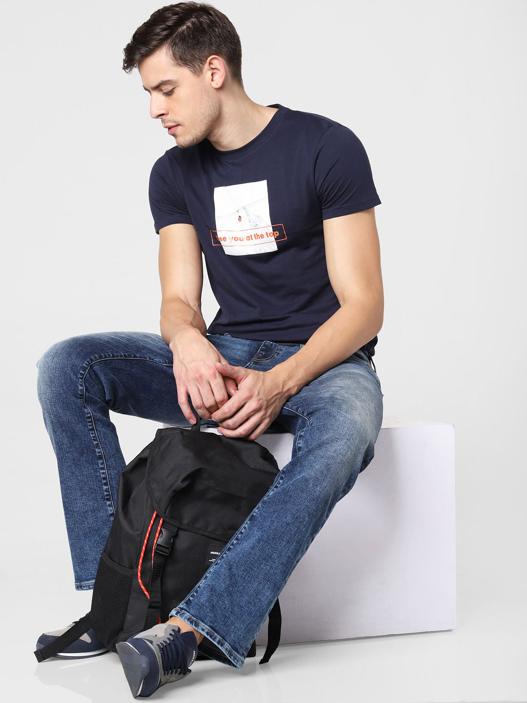 Navy Blue Text Print Crew Neck T-Shirt - S