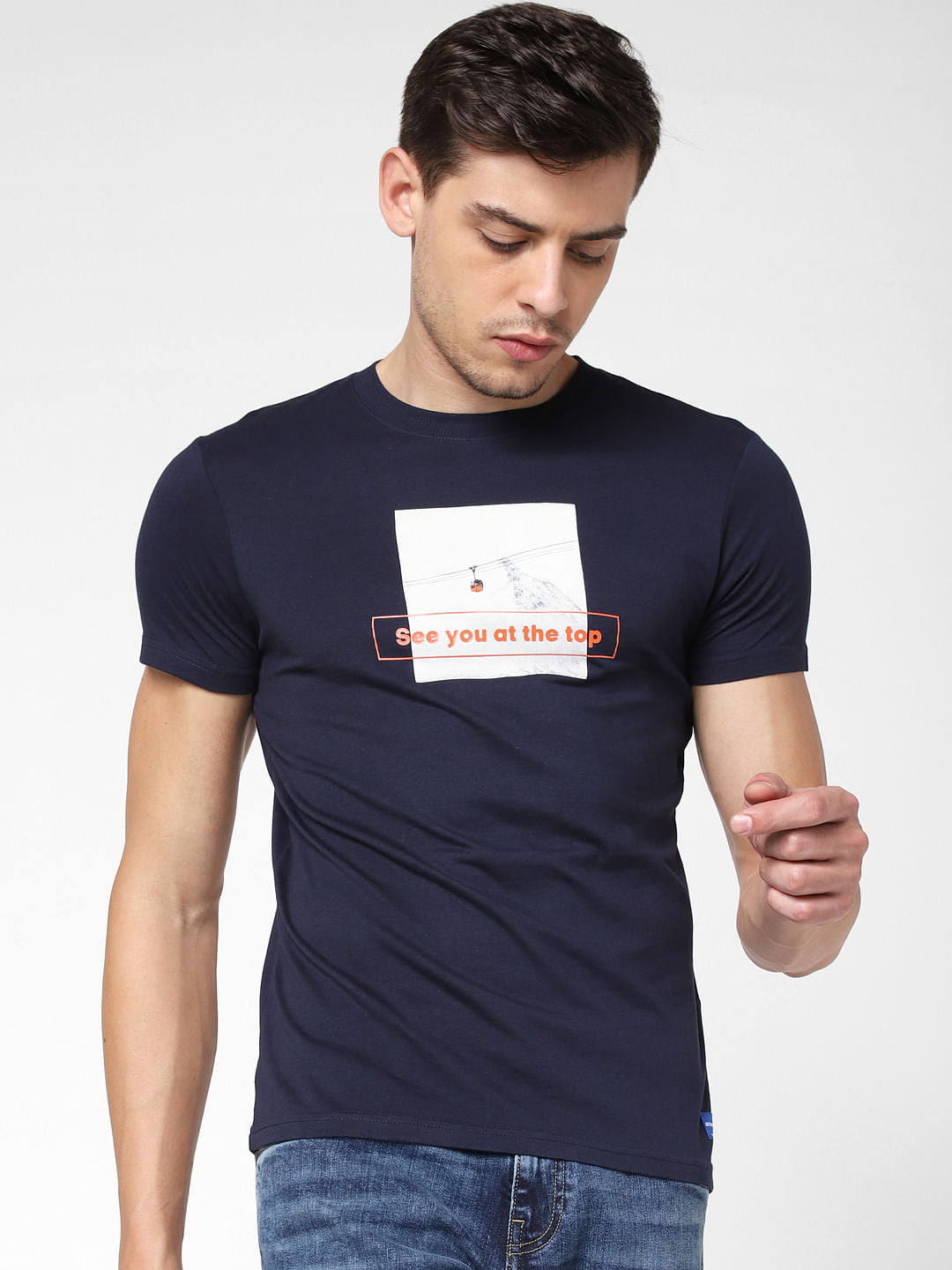 Navy Blue Text Print Crew Neck T-Shirt