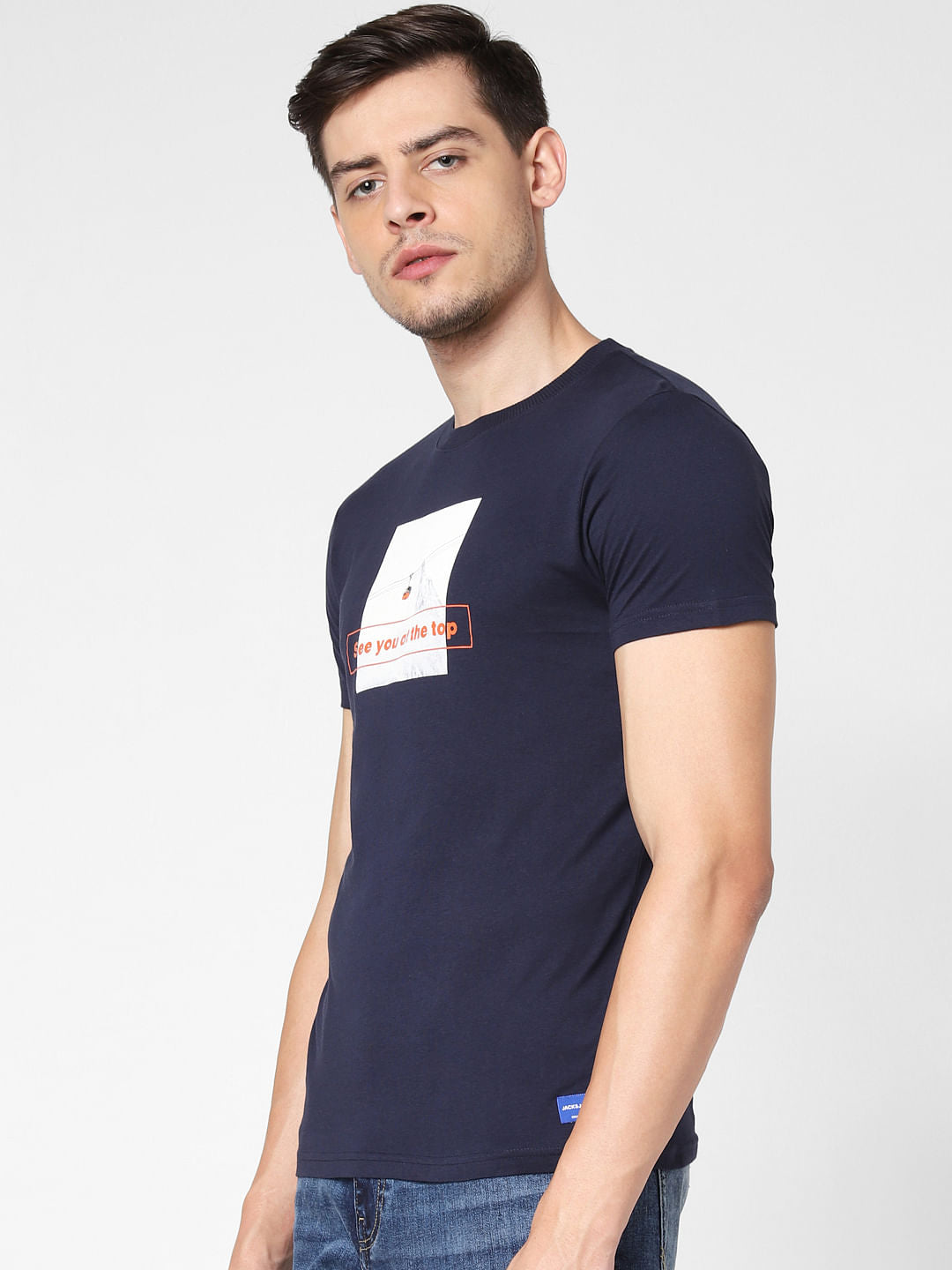 Navy Blue Text Print Crew Neck T-Shirt