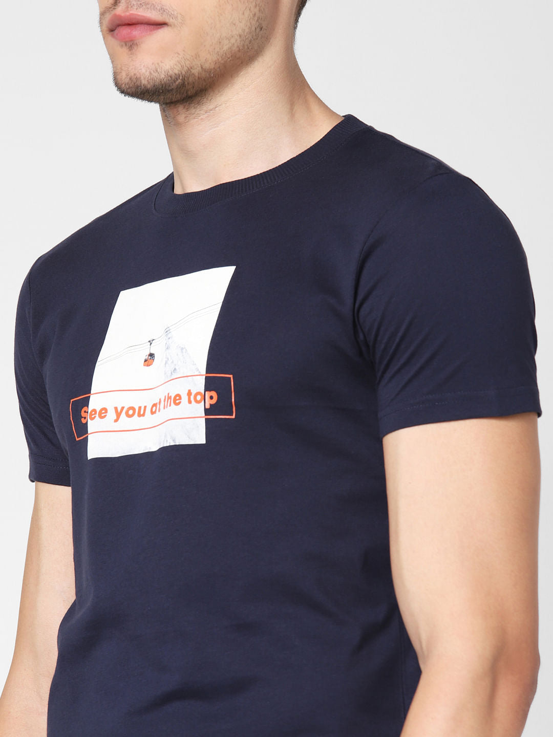Navy Blue Text Print Crew Neck T-Shirt