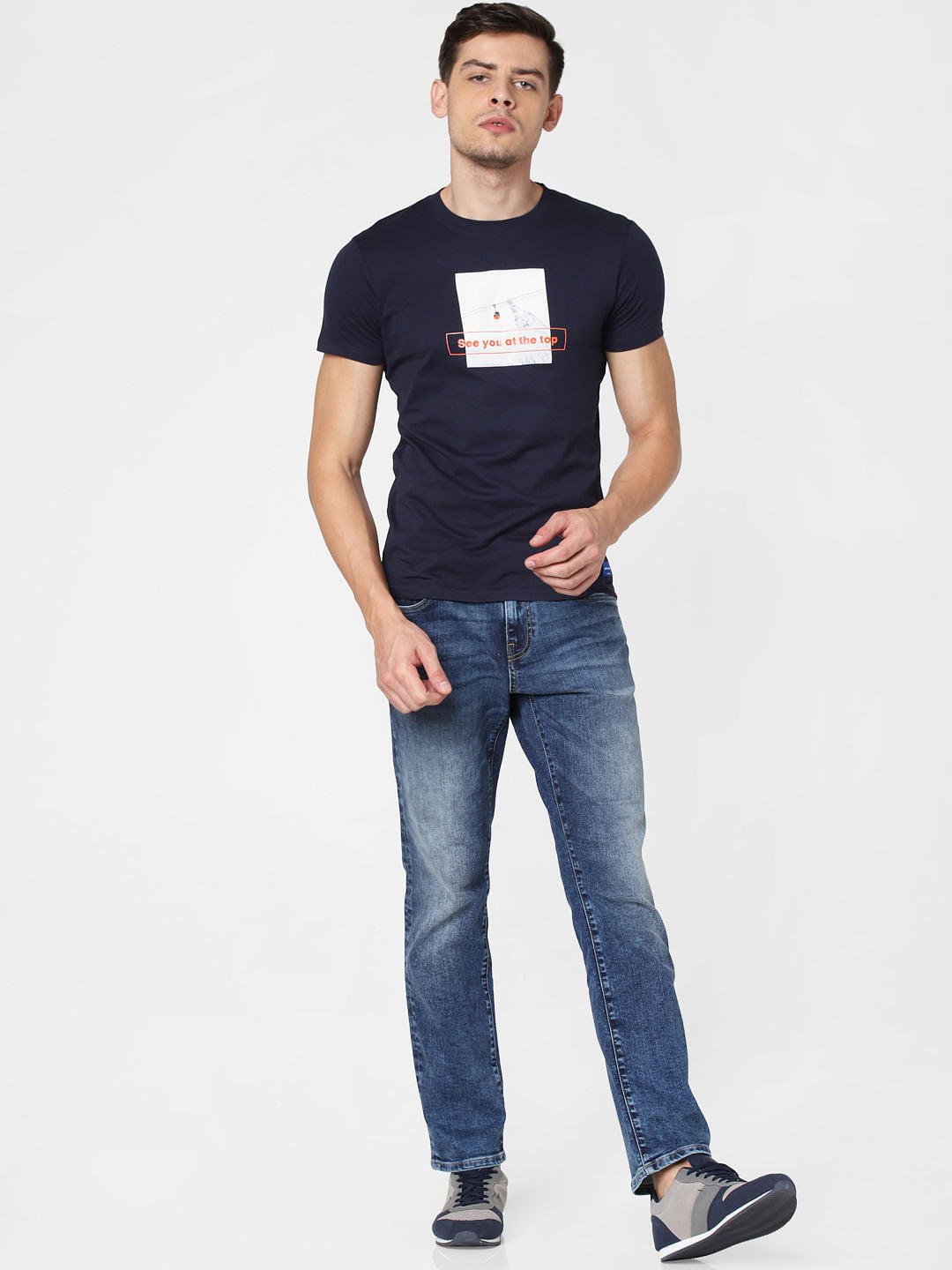 Navy Blue Text Print Crew Neck T-Shirt