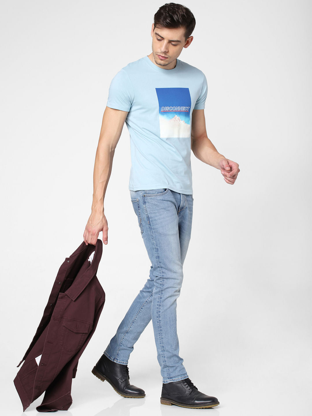 Blue Disconnect Print Crew Neck T-Shirt - S