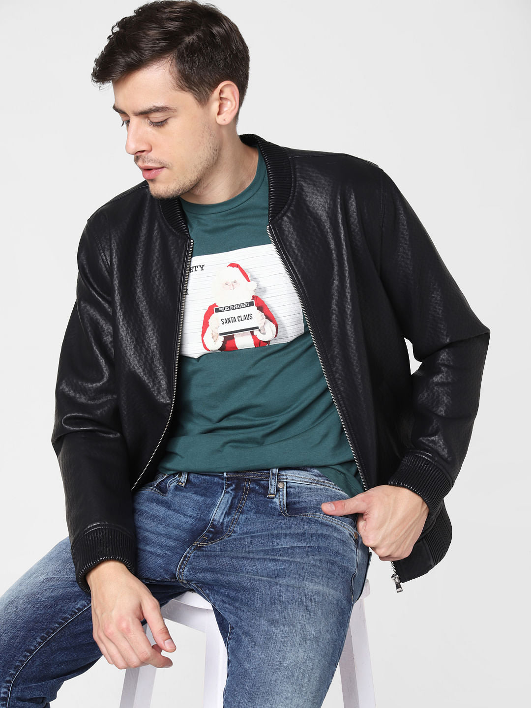 Green Santa Claus Print Crew Neck T-Shirt - S