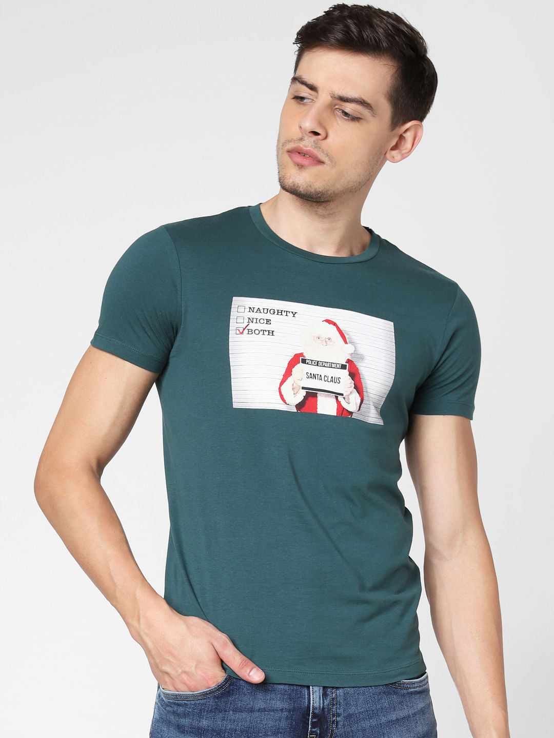Green Santa Claus Print Crew Neck T-Shirt
