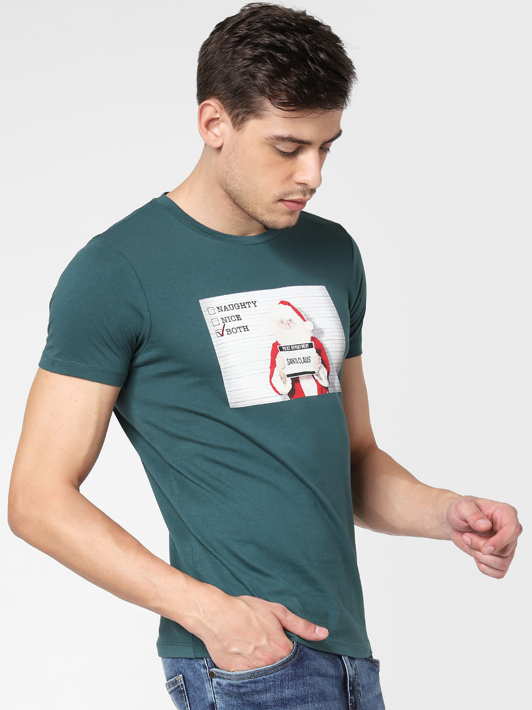 Green Santa Claus Print Crew Neck T-Shirt