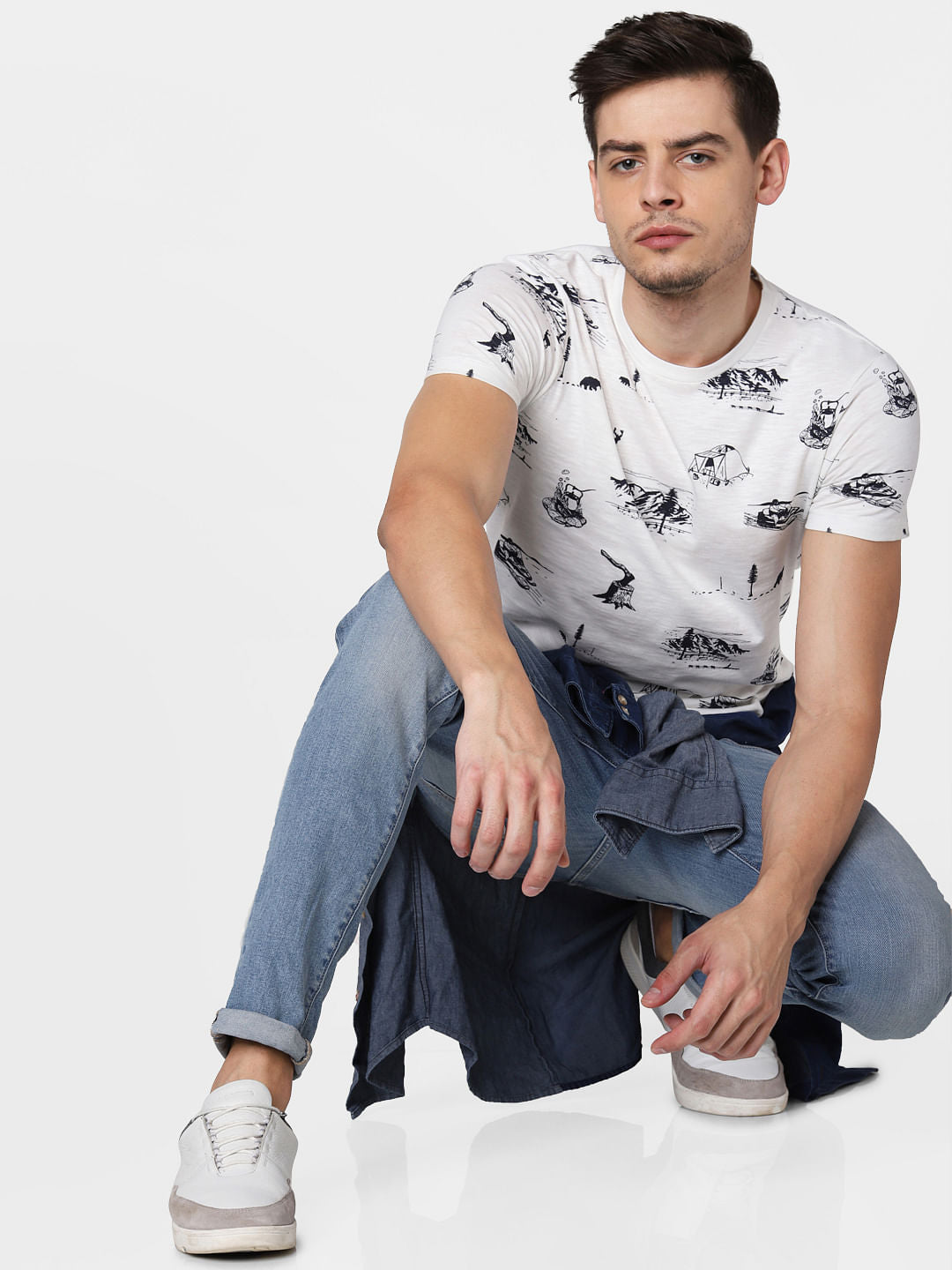 White All Over Print Crew Neck T-Shirt - S