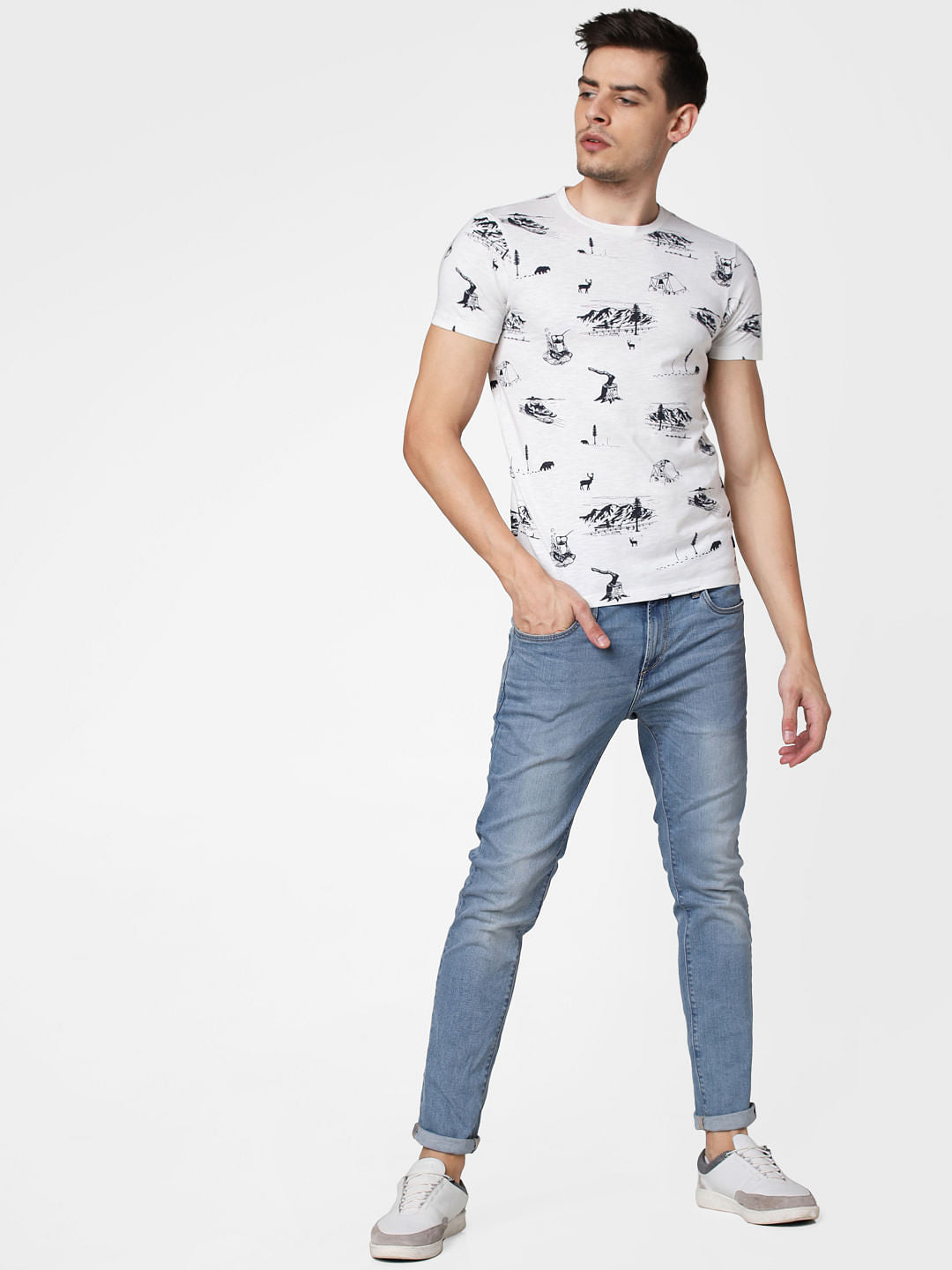 White All Over Print Crew Neck T-Shirt