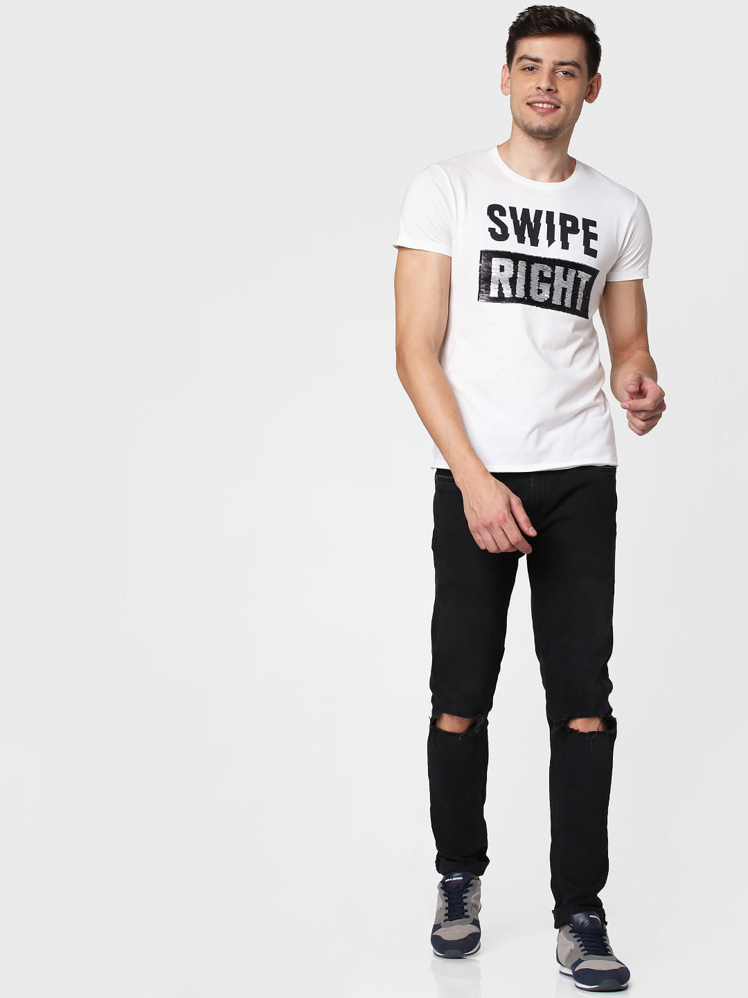White Text Print Crew Neck T-Shirt