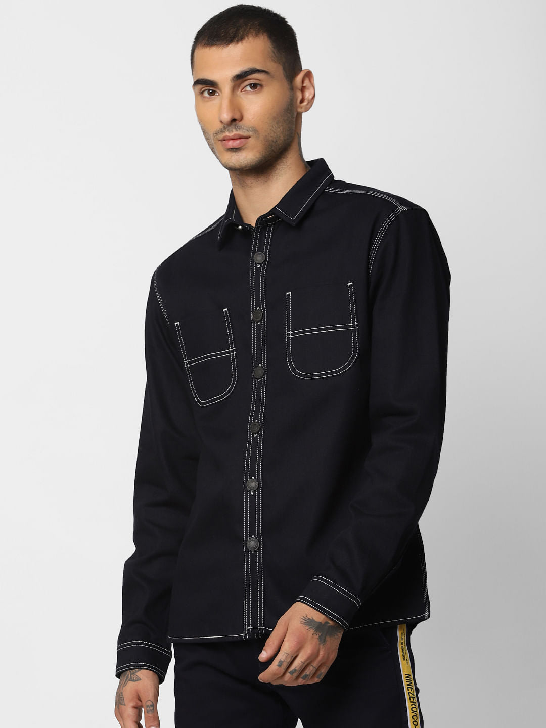 Dark Blue Contrast Stitching Full Sleeves Denim Shirt