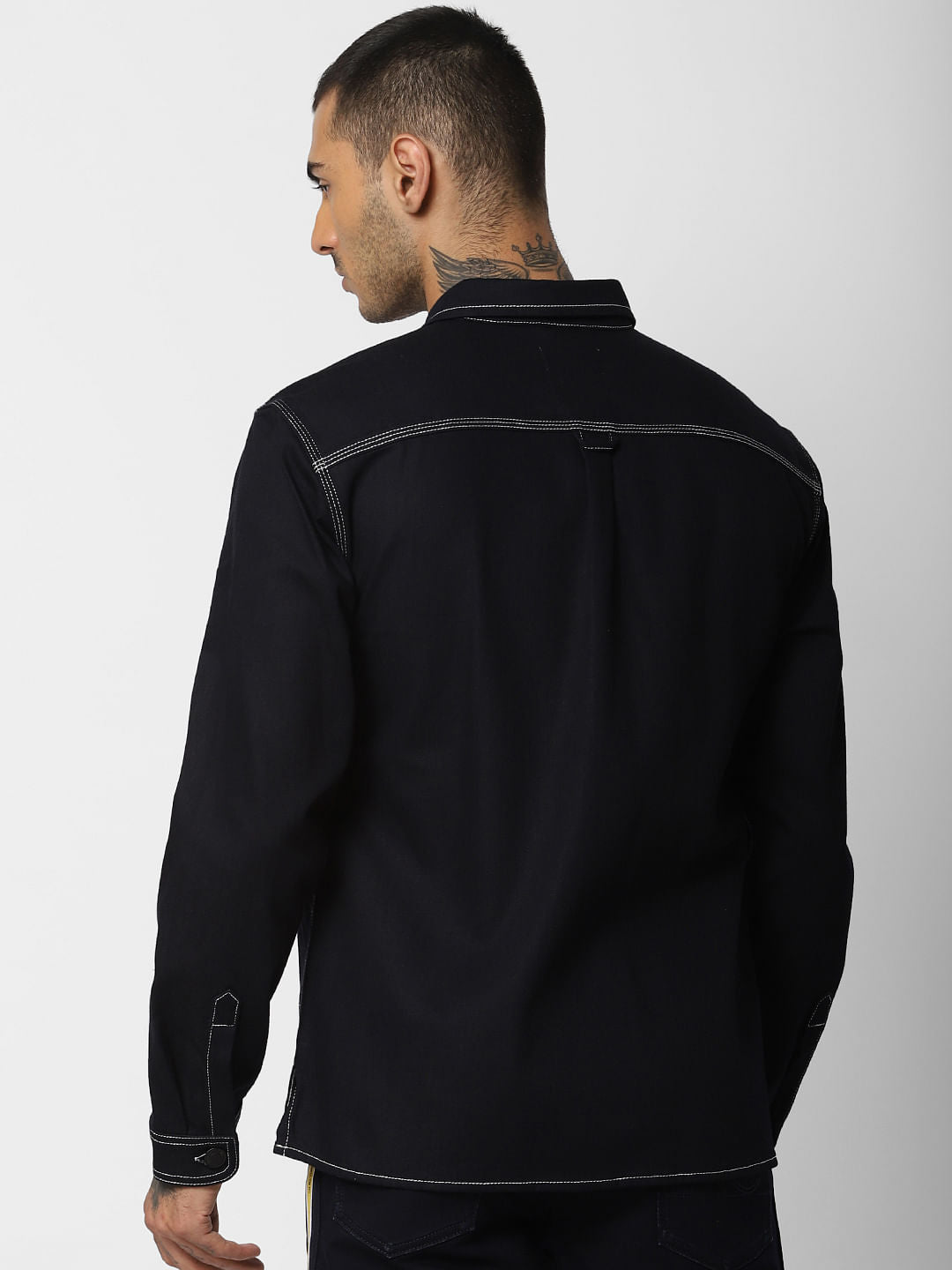 Dark Blue Contrast Stitching Full Sleeves Denim Shirt