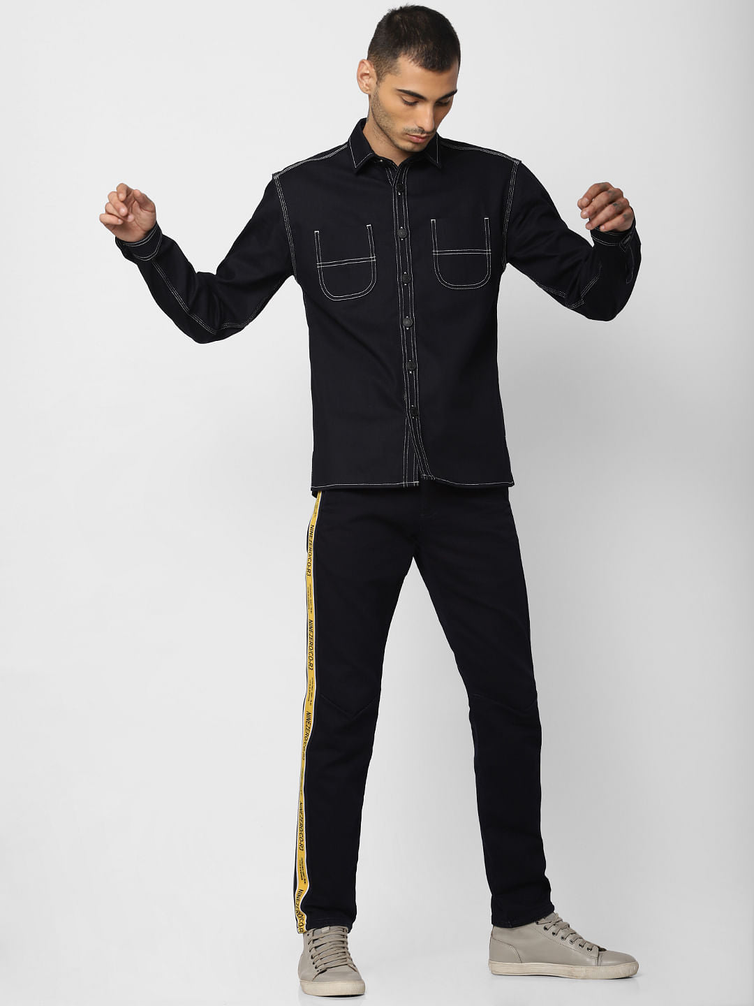 Dark Blue Contrast Stitching Full Sleeves Denim Shirt
