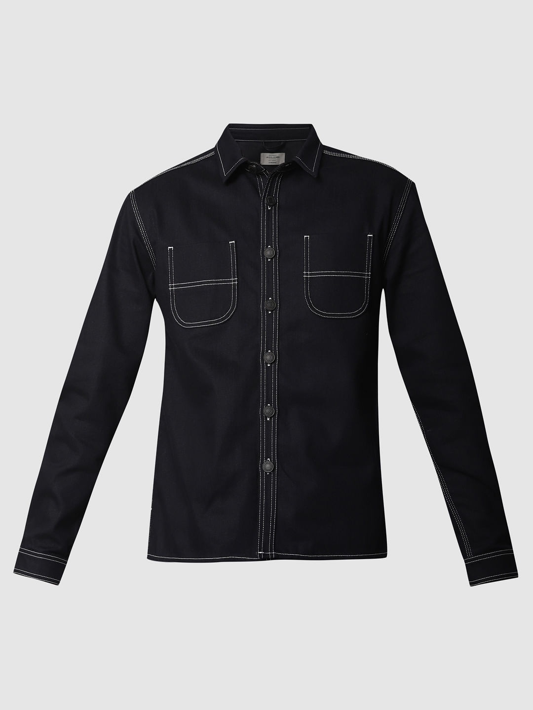 Dark Blue Contrast Stitching Full Sleeves Denim Shirt