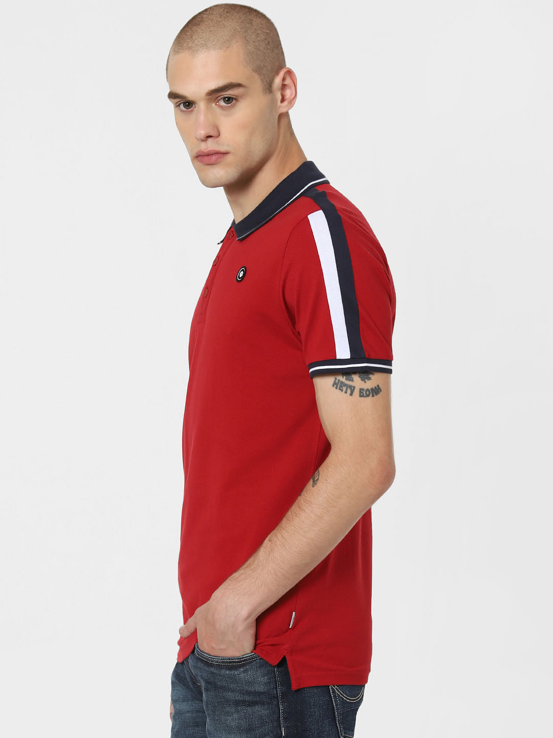 Red Contrast Tipping Polo Neck T-Shirt