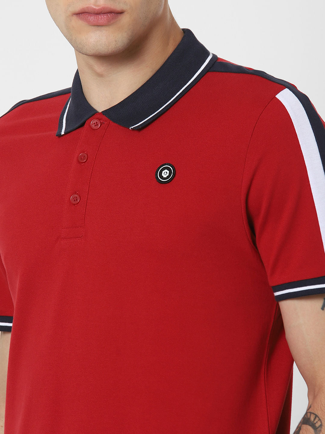 Red Contrast Tipping Polo Neck T-Shirt