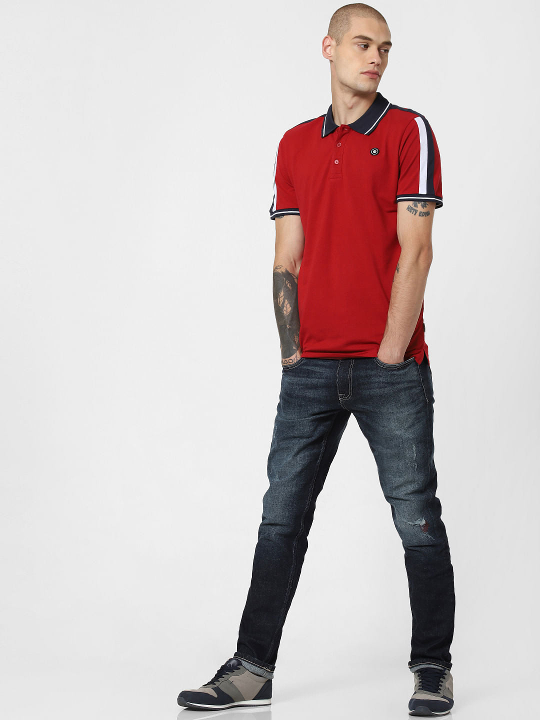 Red Contrast Tipping Polo Neck T-Shirt