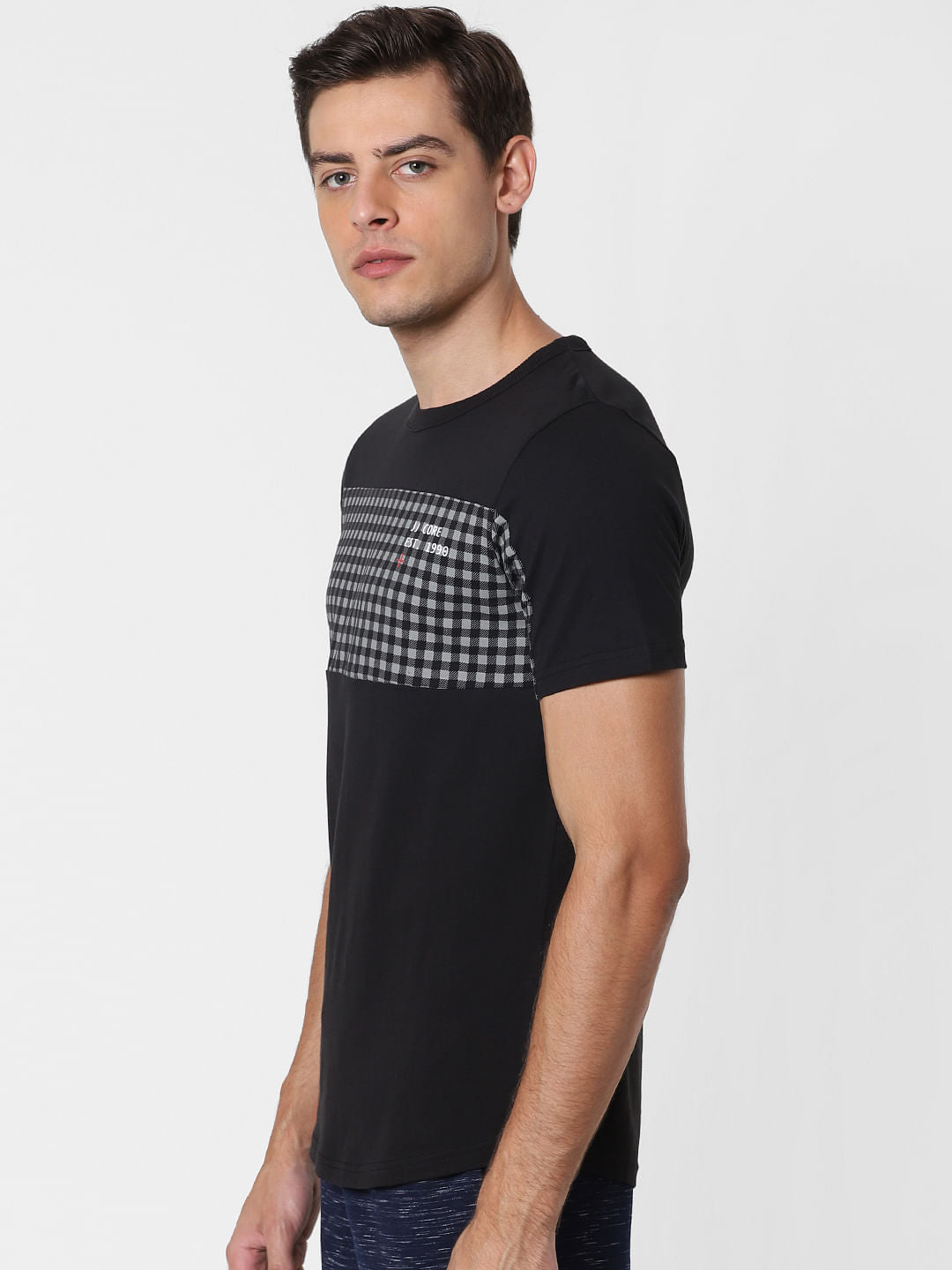 Black Check Patch Crew Neck T-Shirt