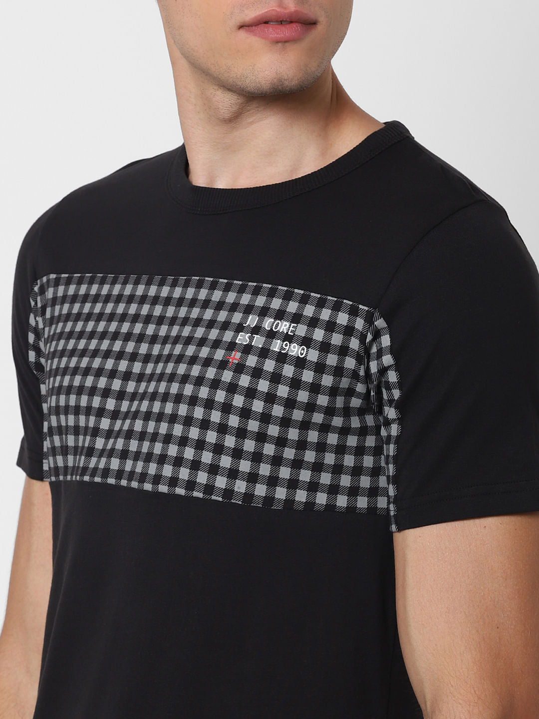 Black Check Patch Crew Neck T-Shirt